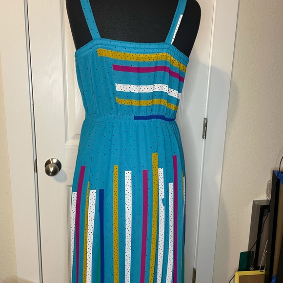 VTG 80s geometric teal dress  sz L (?) - Picture 2 of 6
